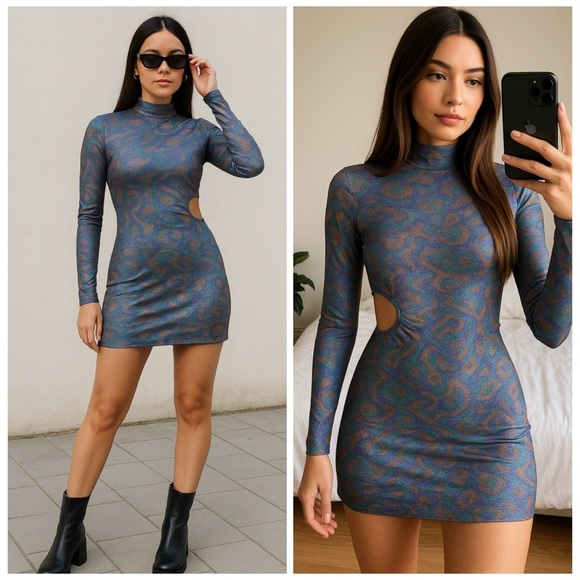 Desigual Metallic Snake Print Cutout Long Sleeve Bodycon Mini Dress L NWT